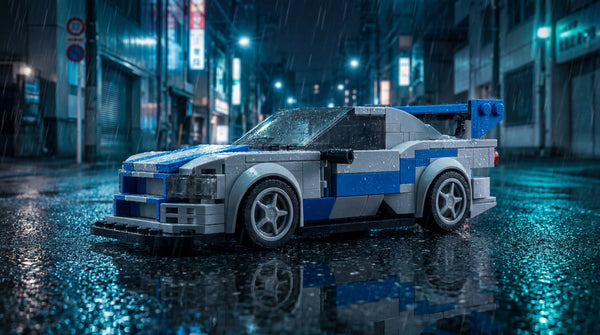 Nissan R34 GT-R 1:24 scale LEGO-compatible brick building kit on wet urban nighttime surface — Rova LEGO Nissan Skyline R32 R34 GT-R building kits