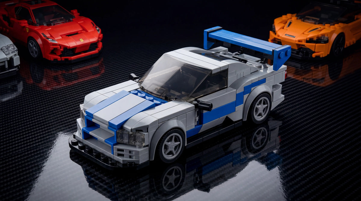 Rova 1:24 scale LEGO-compatible car building kits on carbon fiber surface — LEGO Speed Champions alternatives including Nissan R34 GT-R, Ferrari, and McLaren brick models