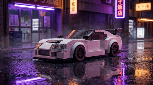 Toyota Supra MK4 1:24 scale LEGO-compatible brick building kit in JDM neon night scene — Rova LEGO Toyota Supra Mk4 A80 and Mk5 A90 building kits