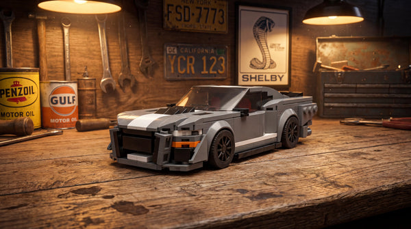 Ford Mustang Shelby GT500 1:24 scale LEGO-compatible brick building kit in American muscle workshop — Rova LEGO Ford Mustang alternatives Shelby Eleanor Hoonicorn