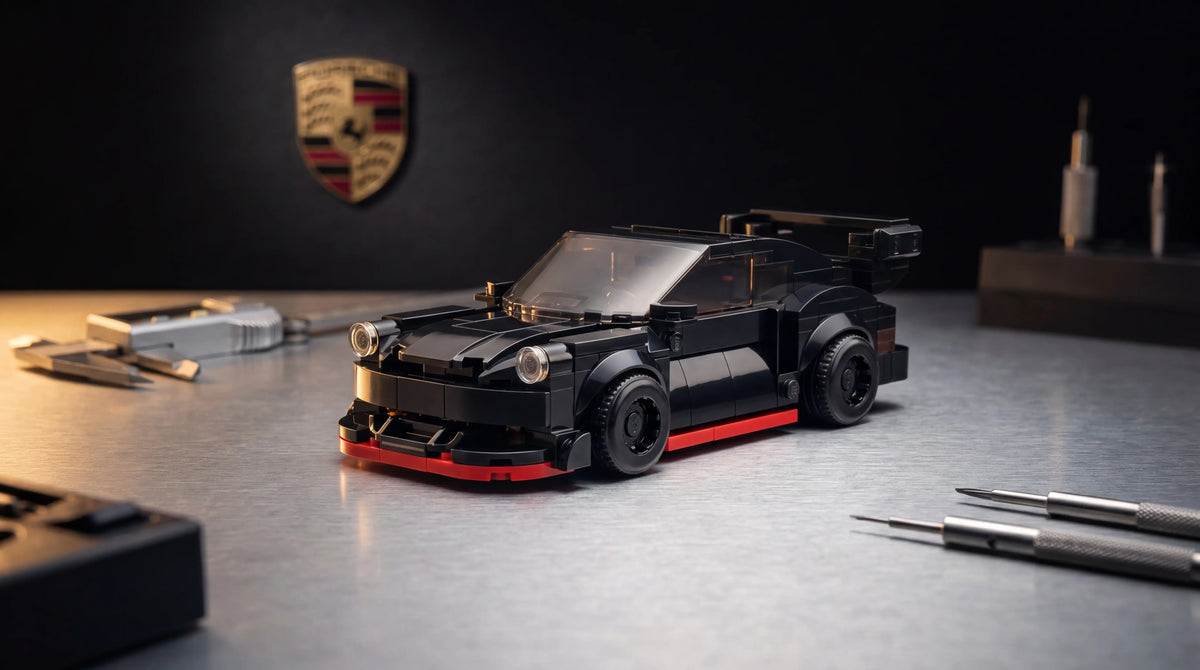 Porsche 911 RWB 1:24 scale LEGO-compatible brick building kit in precision workshop — Rova LEGO Porsche 911 alternatives GT3 GT3 RS GT2 RS RWB widebody building kits