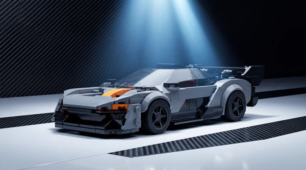 McLaren Senna 1:24 scale LEGO-compatible brick building kit in carbon fiber studio — Rova LEGO McLaren alternative Senna 720S 765LT P1 Speedtail building kits