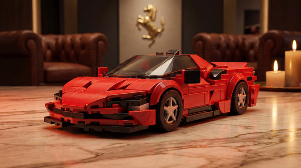 Ferrari SF90 1:24 scale LEGO-compatible brick building kit on Italian marble — Rova LEGO Ferrari alternative SF90 488 GTB FXX-K building kits