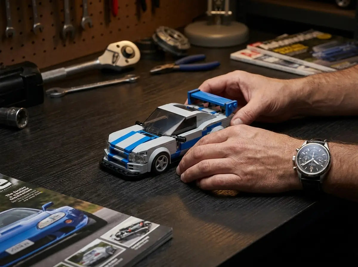 Car enthusiast building the Rova Nissan R34 Skyline GT-R Fast and Furious LEGO-compatible brick kit — serious car people who build Rova