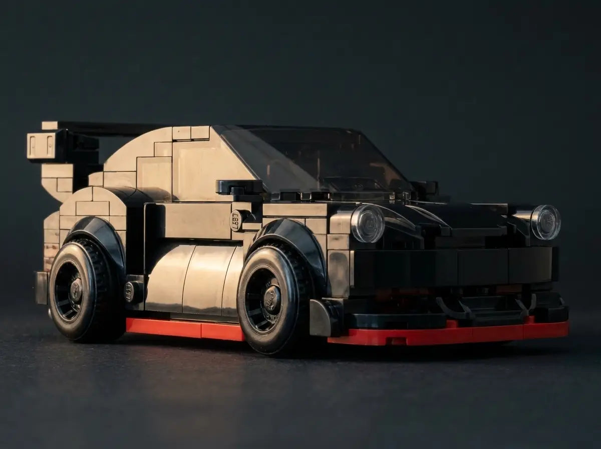 Rova Porsche 911 RWB LEGO-compatible brick model extreme close-up — every body line shaped from bricks, no stickers no decals, pure brick construction